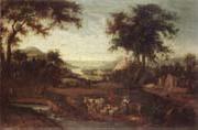 An extensive river landscape with drovers and their animals unknow artist